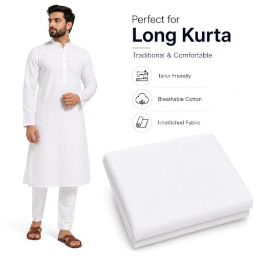 Image of Pure Cotton Unstitched Shirting Fabric for Men | White Kurta Pajama Material | White Cotton Fabric | Shirt Piece | 5 Meter