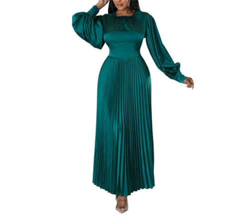 Useagrey Plus Size Dresses for Curvy Women Formal Long Sleeve Crew Neck Solid Color High Waist Ruffle Date Dinner Long Dress
