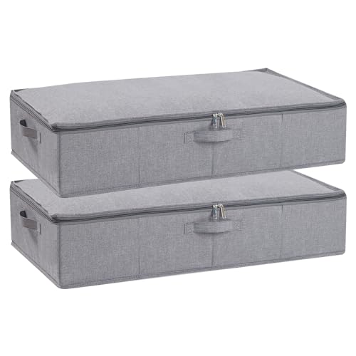 YheenLf Under Bed Storage Box with Lid, Foldable Wardrobe Organiser with Reinforced Handles, for Blanket, Sheets, Clothing, Shoes, Grey, 2-Pack, 60×30×15 cm