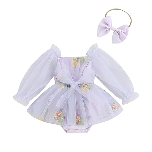 FYBITBO Newborn Baby Girl Romper Dress Floral Bowknot Long Puff Sleeve Layered Tulle Tutu Bodysuit Jumpsuit with Headband Set