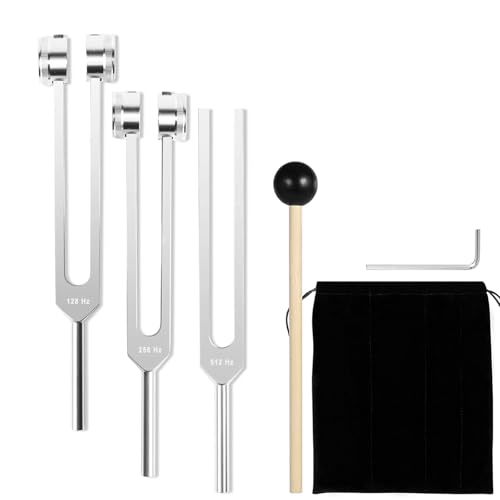 Tuning Fork for Healing (128Hz, 256Hz, 512Hz) Authentic Body Weighted Tuning Forks Medical for Healing Chakra Set with Reflex Hammer for Chakra/Healing/Sound Therapy/DNA Repair