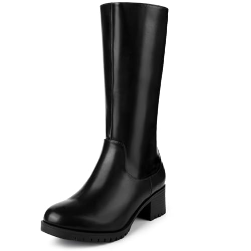 Perphy Riding Combat Boot Round Toe Chunky Heels Black Mid Calf Boots for Women 7.5 M US