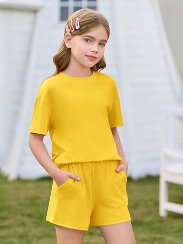 Image of Haloumoning Girls Summer 2 Piece Outfits Kids Oversized T Shirts and Shorts Clothing Sets 5-14 Years