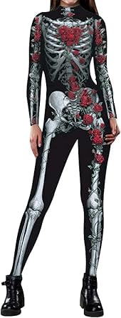 aotuo Women's Skull Skeleton Halloween Costume Jumpsuit Bodysuit Cosplay Bodysuit Outfit - Front and Back Print with Zip (Rose,S) — image 1