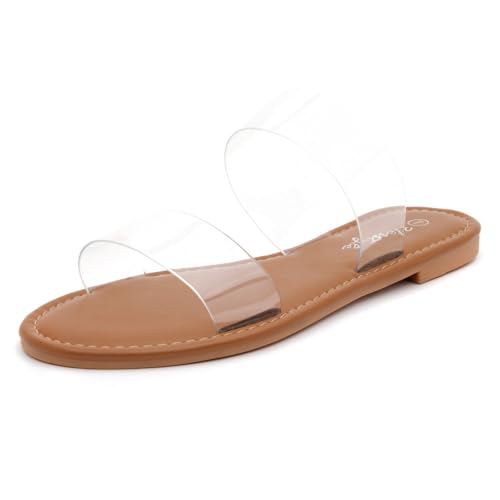 Image of Herstyle Flat Sandals for Women, Double Strap Slide Sandals, Open Toe Slip On, Comfortable Cushioned Footbed Casual Summer Shoes for Daily Wear, Beach, Vacation, Clear Options