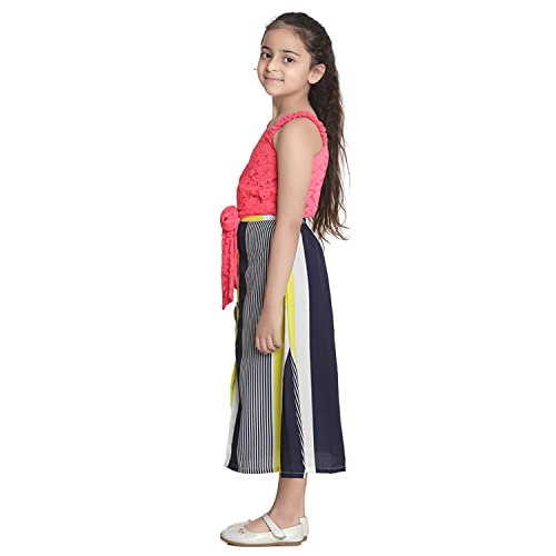 Image of LILPICKS Girls' Polyester Net Knot Top with Striped Maxi Skirt Set (Neon Pink and Multicolor)