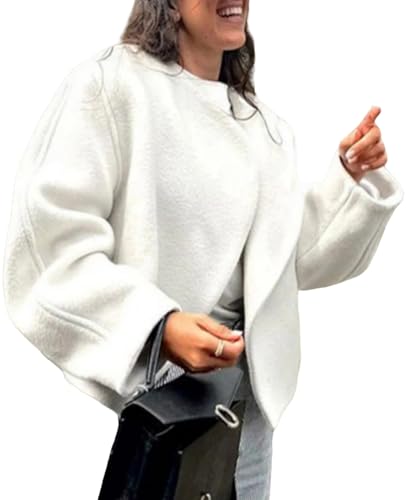 Image of HOTIAN Women Cropped Wool Blend Coats Long Sleeve Coat Jacket Peacoat Fall Winter Outwear Overcoat(03White-M)