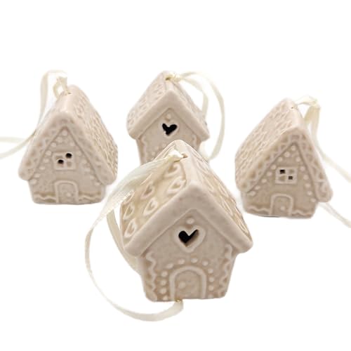 Pendentes de Natal casa Porcelana, 4 unidades: Mini ornamentos árvore de Natal creme e castanho, pingente decorativo presentes e ramos, figuras de casas de Natal, 4,5 x 3,5 x 5 cm