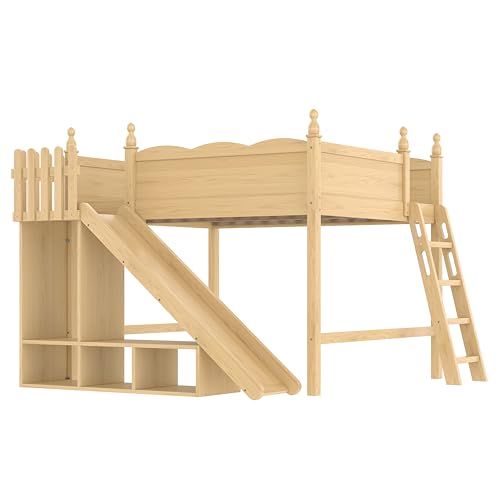 Image of Queen Size Loft Bed with Storage Shelves, Cabinet & Detachable Slide and Ladders, Solid Wood Kids Loft Bed for Space-Saving, Playful & Organized Bedroom (Natural1, Queen)