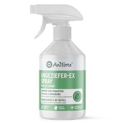 AniForte Ungeziefer-Ex Spray 500ml – Umgebungsspray bei akuten Befall gegen Mücken, Insekten, Milben, Läuse, Bettwanzen, Ungeziefer Spray für Zuhause, Hunde & Katzen Liegeplätze, Insektenspray Abwehr