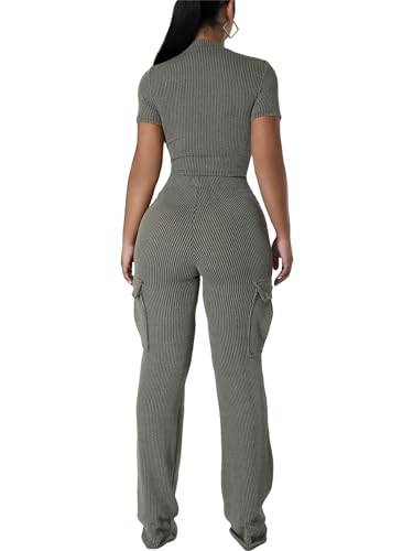 CALEBGAR Women 2 Piece Outfits Sexy Wide Leg Cargo Pants Sets Short Sleeve Ribbed Tops2