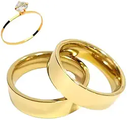 Aliança Par Italiana Ouro Banhada Reta Anatômica com Anel Solitário com Zirconia e Caixa de Veludo Casamento Noivado Namoro