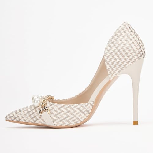 Womens Pumps Shoes High Heels Stiletto Pointed Closed Toe D'Orsay Elegant Houndstooth Pattern Design with Pearls Chain Dress Party Wedding Classic Work Heels for Ladies2