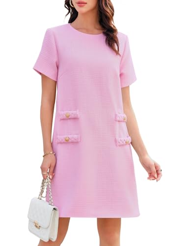 Image of Wenrine Women's Tweed Mini Dress Short Sleeve Crew Neck Work Office Elagant Formal Summer A Line Dresses
