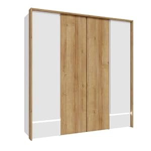 Armario vestidor armario L. 204 cm almacenamiento 4 puertas 2 cajones 3 estantes 3 barras en decoración madera de roble y blanco con luces LED incorporadas – ambiente cálido y moderno – ILLYA