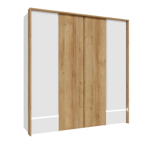 Armario vestidor armario L. 204 cm almacenamiento 4 puertas 2 cajones 3 estantes 3 barras en decoración madera de roble y blanco con luces LED incorporadas – ambiente cálido y moderno – ILLYA