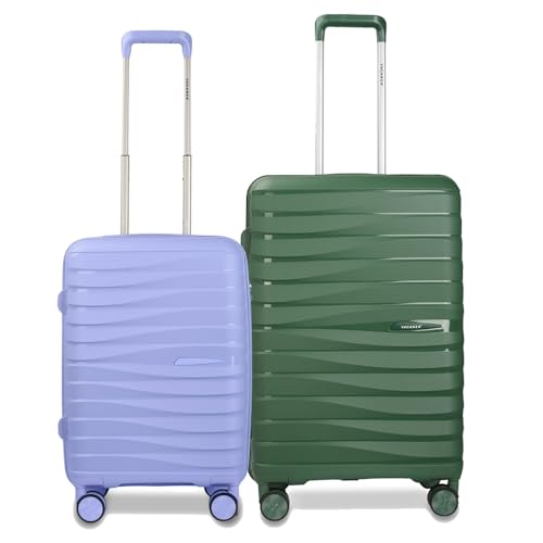 Image of Vacanza Paris Series Polypropylene Unbreakable Hard-Sided Travelling Luggage Trolley Bag Set of 2, Check-in Suitcase with 8 Silent Wheel & TSA Lock for Both Unisex | Purple,Bottle Green (55 & 65 cm)