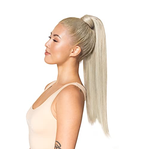 Image of WENNALIFE Ponytail Hair Extension, 22 Inch 90g Ash Blonde Highlighted Platinum Blonde Ponytail Extension Human Hair Clip in Wrap Around Remy Human Hair Extension Hairpieces Real Human Hair