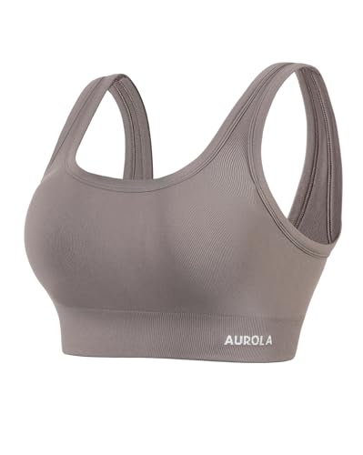 AUROLA Power Sports Bras for Women - Push Up Workout Bra Square Neck Yoga Bra Padded Low Impact Gym Crop Top,Mocha,S