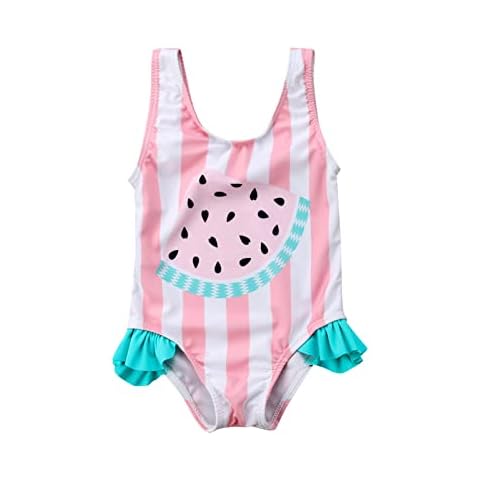 Xulahul Toddler Girls Swimwear Bikini Swimsuit Watermelon Sleeveless Swimsuit Backless Vest Top High Waist Romper Bodysuit Stripes Ruffle Jumpsuit Beachwear Swimsuit, pink, 6-12 Months Cover
