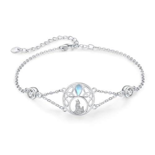 Pulseras de lobo de plata de ley 925 con piedra lunar, nudo celta, pulseras de animales de lobo, pulseras ajustables de circonita cúbica, regalos de joyería para mujer, Plata de ley Circonia cúbica