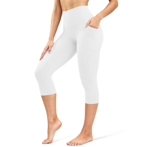 CHARMKING High Waisted Biker Shorts for Women - Pocket Capri Tummy Control, Ultra-Comfort for Workouts, Yoga & Daily Wear (Pocket Capri,White,S-M)