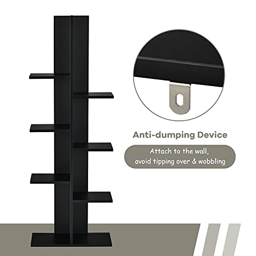 Tangkula 8 Shelf Bookshelf, Wooden Tree Bookcase With 8 Book Shelf, 20”L X 8”W X 55.5”H, Freestanding 8 Tier Storage Display Shelf With Anti-Toppling, Corner Shelf For Living Room Home Office (Black) #TOP6