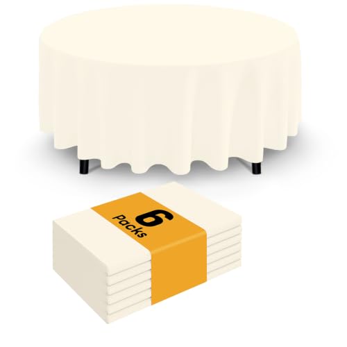 Image of Smiry Disposable Table Cloth - 6 Pack, 84 Inch Round Waterproof Tablecloths for Parties, Decorative Plastic Table Cover, Leakproof & Sturdy, Beige