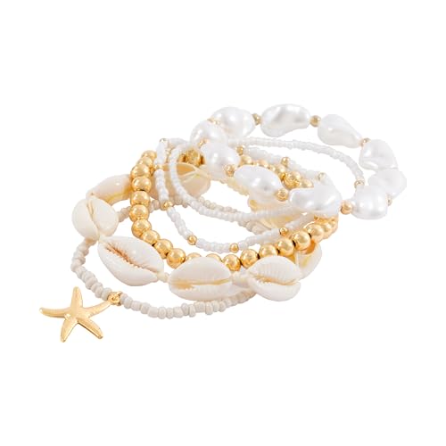 Shell Bracelet Boho Beaded Stretch Bracelets for Women Seashell Strand Bracelets Starfish Charm Jewelry Summer Beach Jewelry Stackable Crystal Gold Beads Bracelet for Women