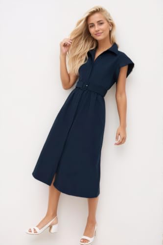 Image of Ladyful Women Casual Button Down Shirt Dress Short Wing Sleeve Buiness Midi Shirt Dress with Belt Elegant Dress