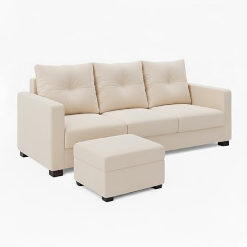 Image of FURNY Amonster 4 Seater L Shape Sofa Set with Movable Ottoman | Flexible Left or Right Layout | Plush Velvet Fabric (Cream) | Perfect for Living Room, Guest Room & Office