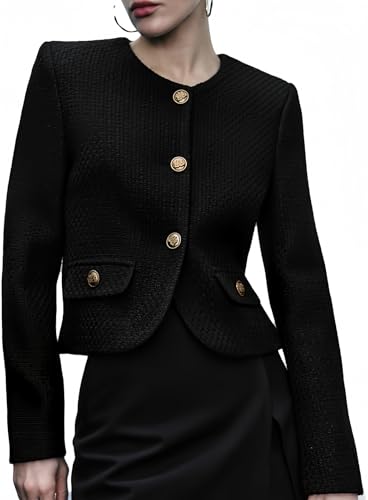 URBAN REVIVO Women's Cropped Crew Neck Casual Tweed Blazer Elegant Slim Work Office Long Sleeve Jacket