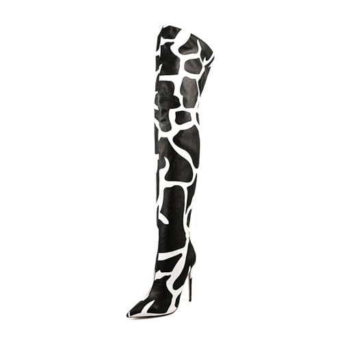 Image of Thigh high boots for women striped Back zipper Burgundy Zebra Print Over the knee Sexy gold white pointed toe Cow Print leopard Magenta stiletto heel