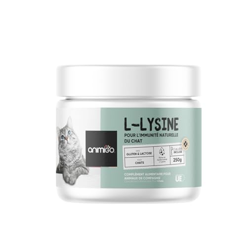 animigo - L-Lysine pour Chat en Poudre 250g - Lysine Chat Coryza Système Immunitaire, Bien-Être Général, Yeux & Allergie, Poudre Lysine - avec Acide Aminé à Saupoudrer ou Dissoudre - Doseur Inclus