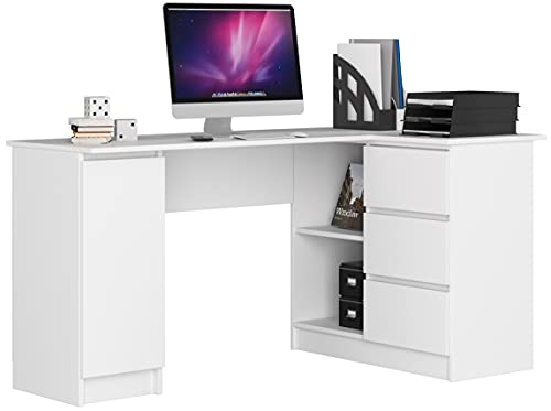AKORD Bureau Ordinateur D`Angle B-20 | L155 x H77 x P85 60 kg |3 Tiroirs 2 Étagères Étagère Porte | Grand Bureau de Chambre PC Desk Table