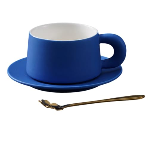 HeartTrend コーヒーカップ ソーサーとスプーン付き マグカップ ゴールド ブルー セット 陶器 300ml 木製 ソーサー カップ ギフト ギフトボックス シンプル 北欧 セラミックカップ&トレイ (ブルー)