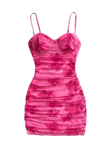SOLY HUX Women's Summer Floral Corset Dress Spaghetti Strap Ruched Mesh Bodycon Vacation Mini Dresses