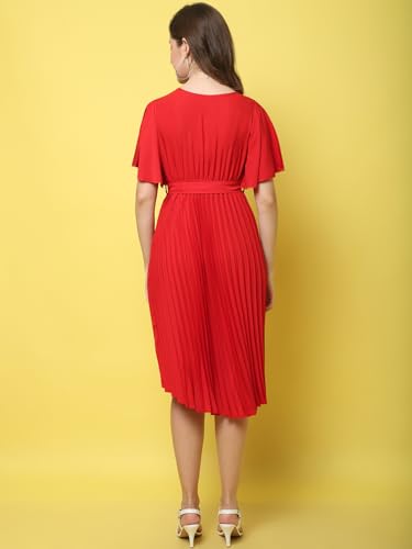 Image of Fabflee Women's Polyester A-Line Standard Length Dress (FB-P1-Pleated-205 XL Red