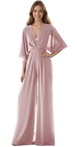 One Piece Jumpsuits for Women Dressy V Neck Batwing Sleeve Wide Leg Long Pants Chiffon Romper with Pockets4