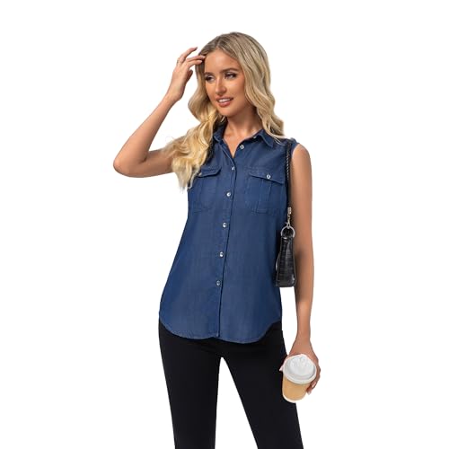 FASHIONSPARK Jean Sleeveless Collared Shirts for Women, Button Down Casual Blouse Women Denim Tank Top with Pockets3