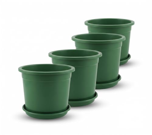 Image of 12 Inch Glossy Forest Green Plastic Planter with Bottom Plate | Heavy Duty Flower Pot with Tray for Indoor Home Decor, Balcony, Living Room & Outdoor Garden (4 Pot, Forest Green)