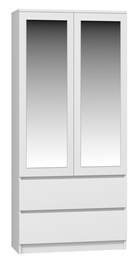 BDW Armario con espejo, 90 x 180 x 50 cm, 2 cajones, 4 estantes, ideal para un dormitorio, pasillo, habitación infantil u oficina, perchero, perchero (blanco)