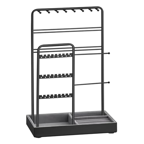 SONGMICS Jewelry Holder, Jewelry Organizer, Jewelry Display Stand with Metal Frame and Velvet Tray, Necklace Earring Bracelet Holder, for Studs, Rings, Christmas Gift, Black UJJS021B01 Ink B