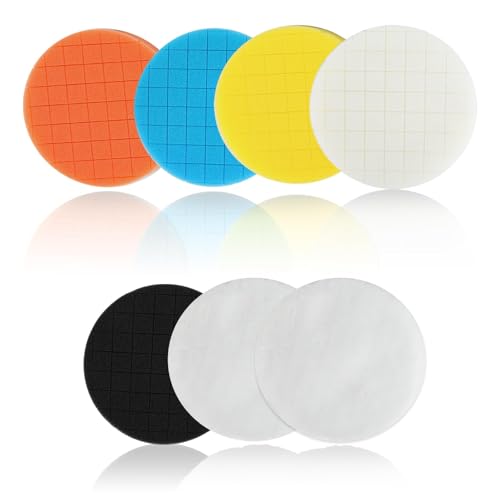 Kievano Polierpads 125mm 7 Stück Auto Polierpad Set mit Mikrofaser und Schaumstoff Unterschiedliche Härtegrade Polierschwamm für Exzenter Poliermaschine Akkuschrauber Schleifmaschine Wachsen