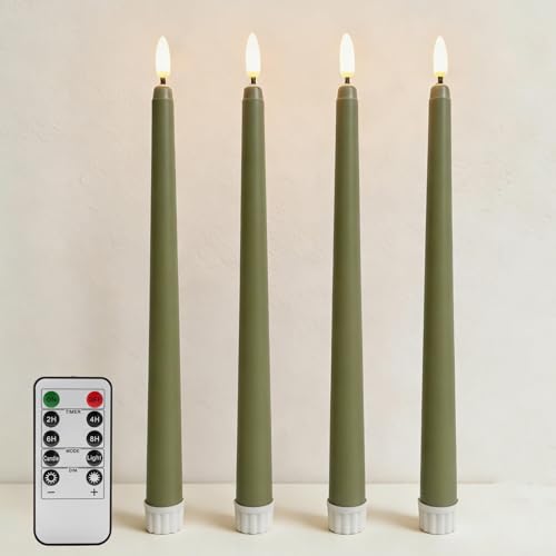 Image of Olive Green Flameless Taper Candles with Remote, Flickering Battery LED Candlesticks Home Decor Set of 4