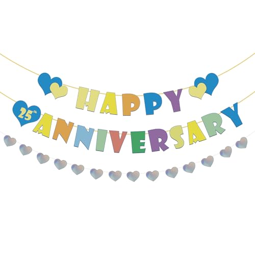 Happy 25th Anniversary Banner, 25th Anniversary Party Decorations, Happy Wedding Banner with Heart Garland, Engagement Wedding Party Decorations Supplies
