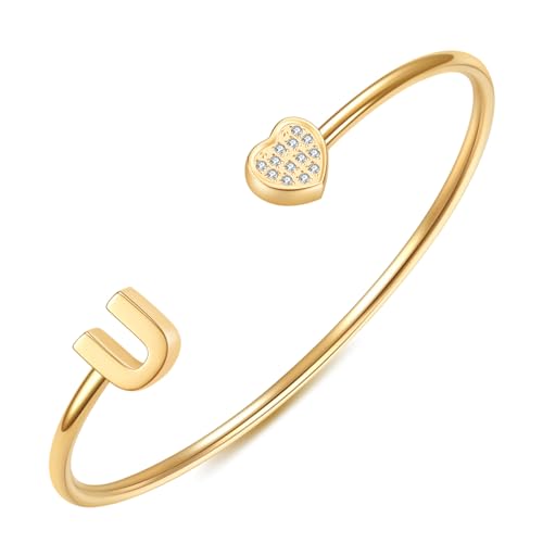 Image of VQYSKO Heart Initial Cuff Bracelets for Woman-CZ Stainless Steel Adjustable Open Bracelet Woman Jewellery,Birthday Gifts for Woman