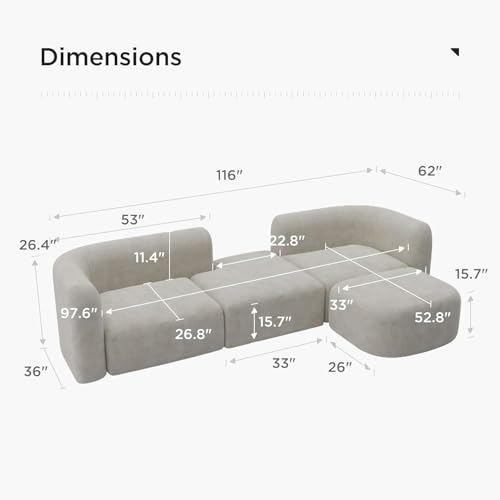 Image of 116 inch Luxury Modern Tight Curved Back Velvet Sofa, Minimalist Style Comfy Couch for Living Room Apartment, 4 Seater Modular Sectional, Cream