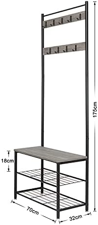 Meerveil Coat Rack, Shoe Rack, Coat Rack Stand, Clothes Rack, Shoe Storage Bench with 9 Hooks, Metal Hall Tree, Metal Frame for Bedroom, Living, Room Hallway (Grey)