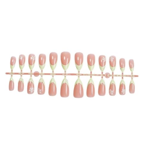 Image of Green Press on Nails Medium Almond Shaped Fake Nails with White Flower Design Nude Full Cover Stick on Nail 3D Wave Natural False Nail Artificial Acrylic Summer Glue on Nails for Women Manicure 24Pcs